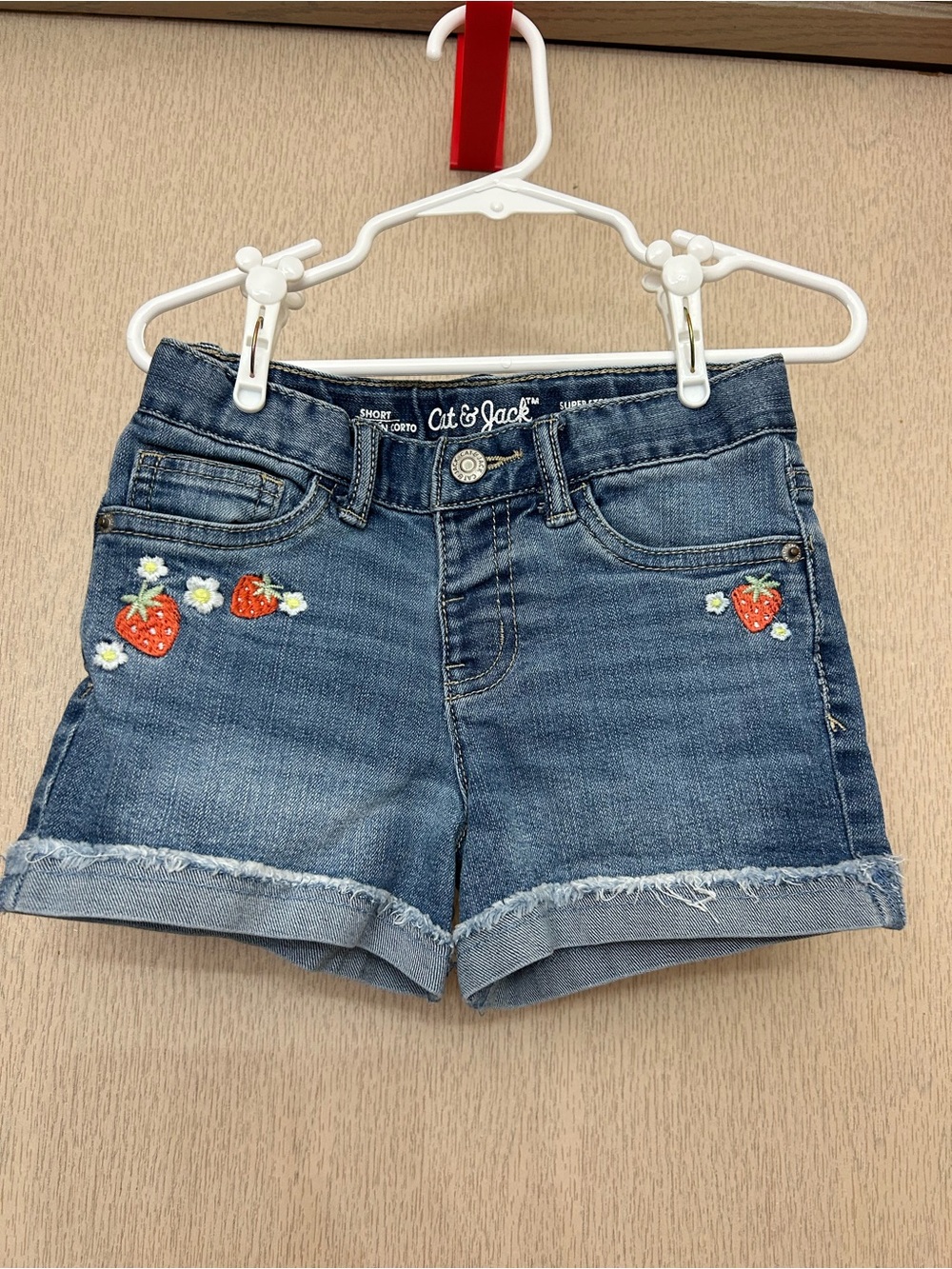 Cat & Jack - Embroidered Strawberry Denim Jean Shorts - Size 5T